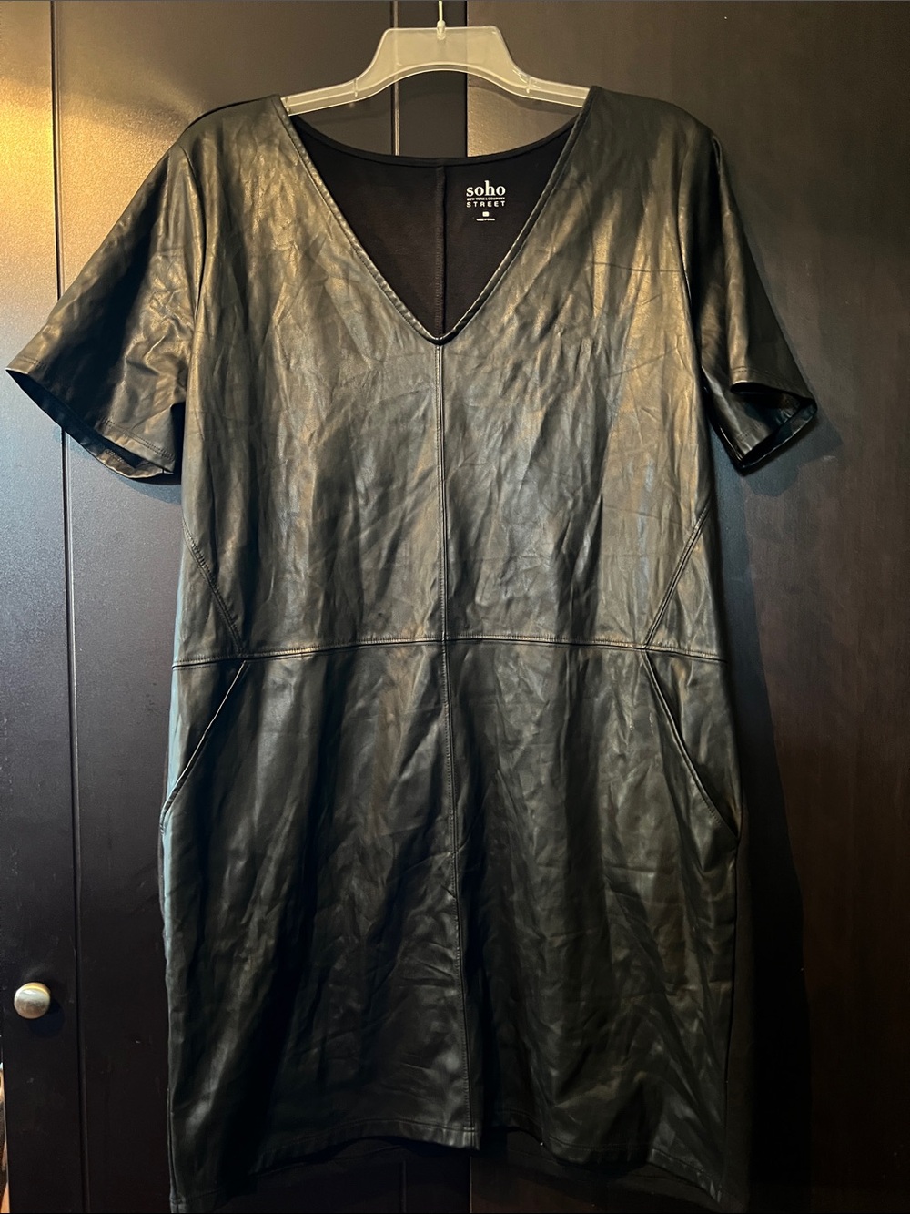 Soho Black Faux Leather V-Neck Shift Dress